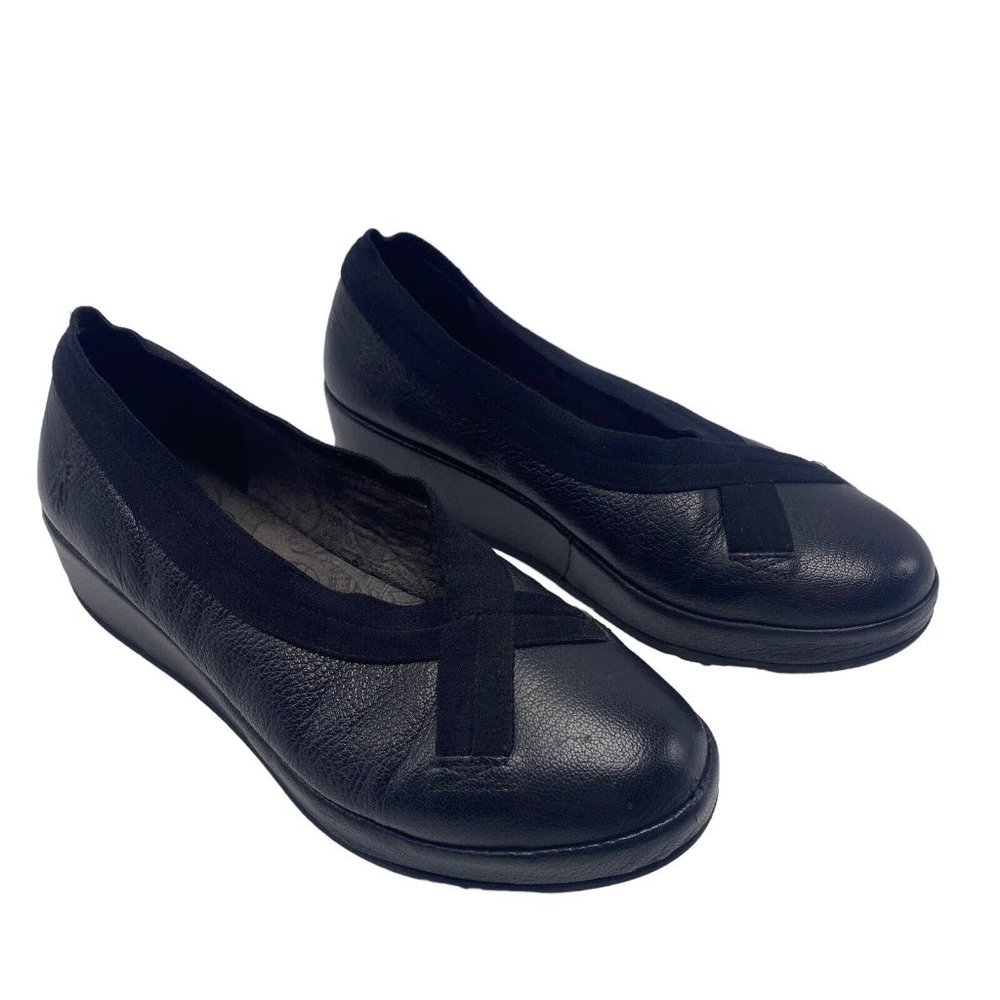 FLY London Bobi Black Leather Slip on Comfort Wedge Shoe 38 US 8